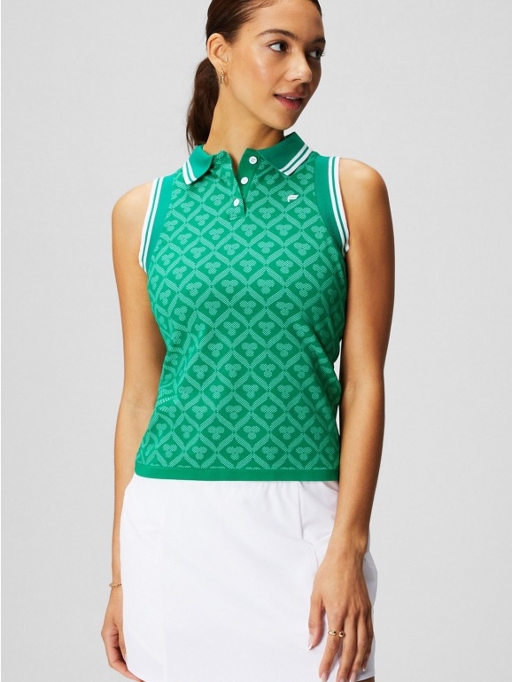 Fabletics Green Sleeveless Patterned Polo Tank